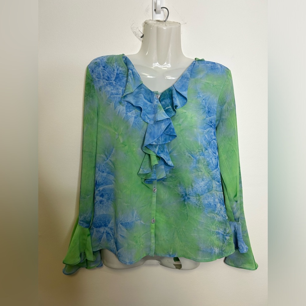 ◾️Vintage Milano Green and Blue Tie Dye Ruffled Button Up  Blouse